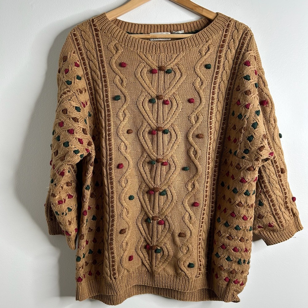 Vintage Cable Knit Chunky Tan 3D Knit Coogi Style Sweater Womens Oversized XL‎